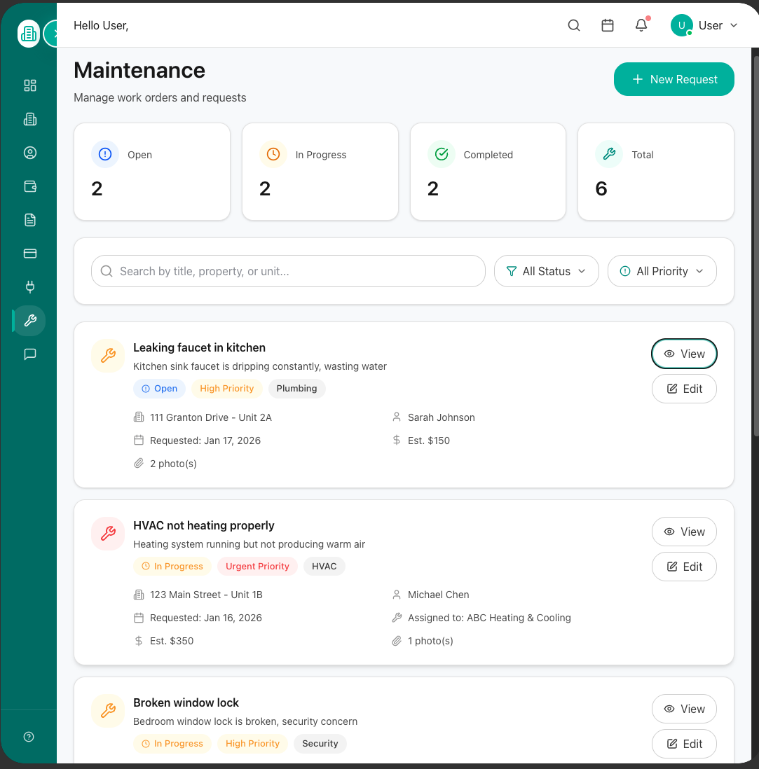 LandlordDesk maintenance tracking screen with work orders, photos, assigned vendors and completion status